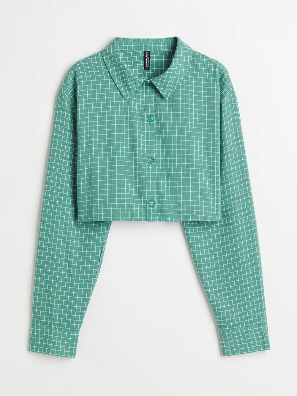 H&M Green Windowpane Cropped Button-Down Shirt